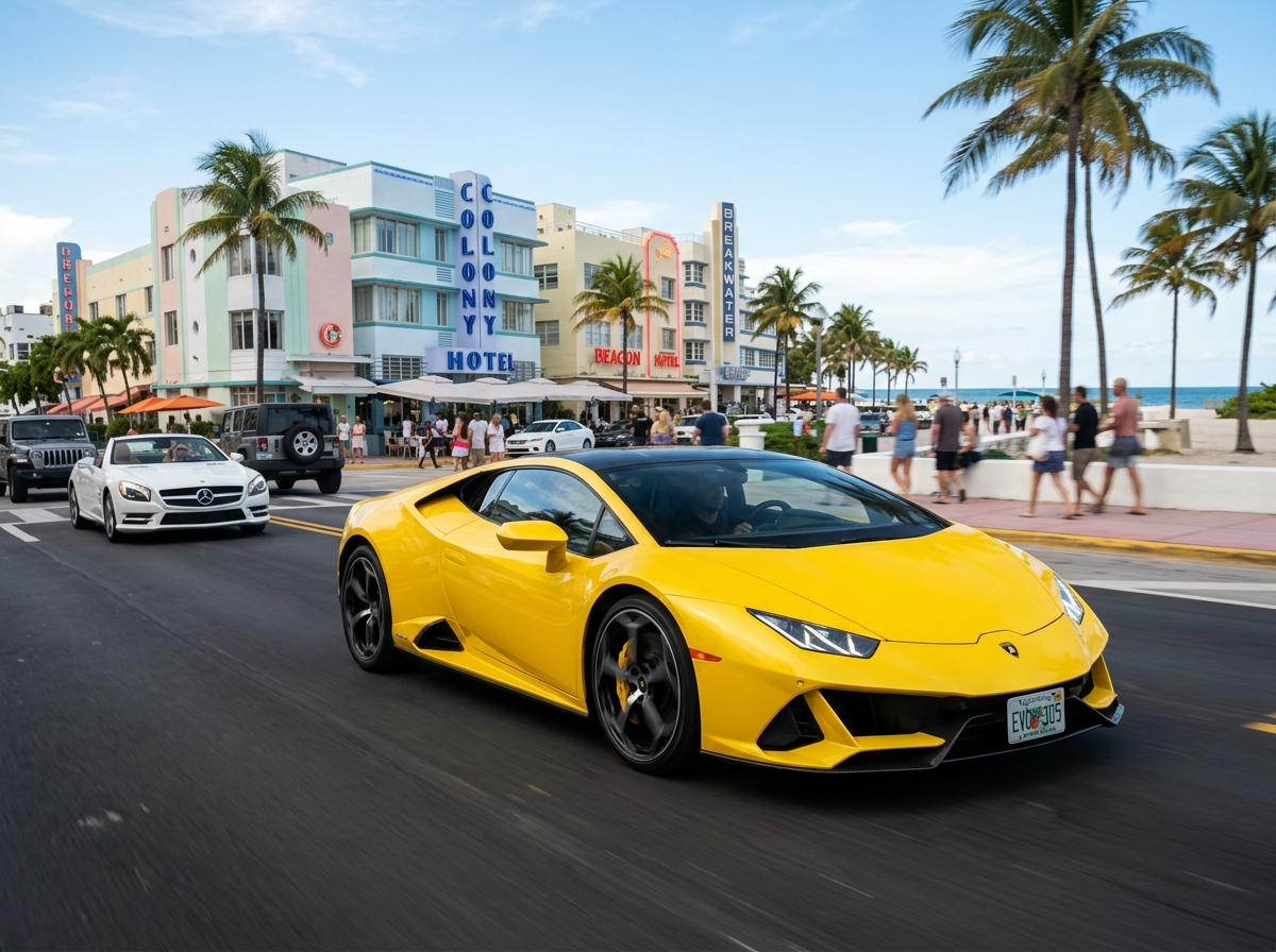 2021 Lamborghini Huracan EVO in Miami Beach street yellow exotic supercar
