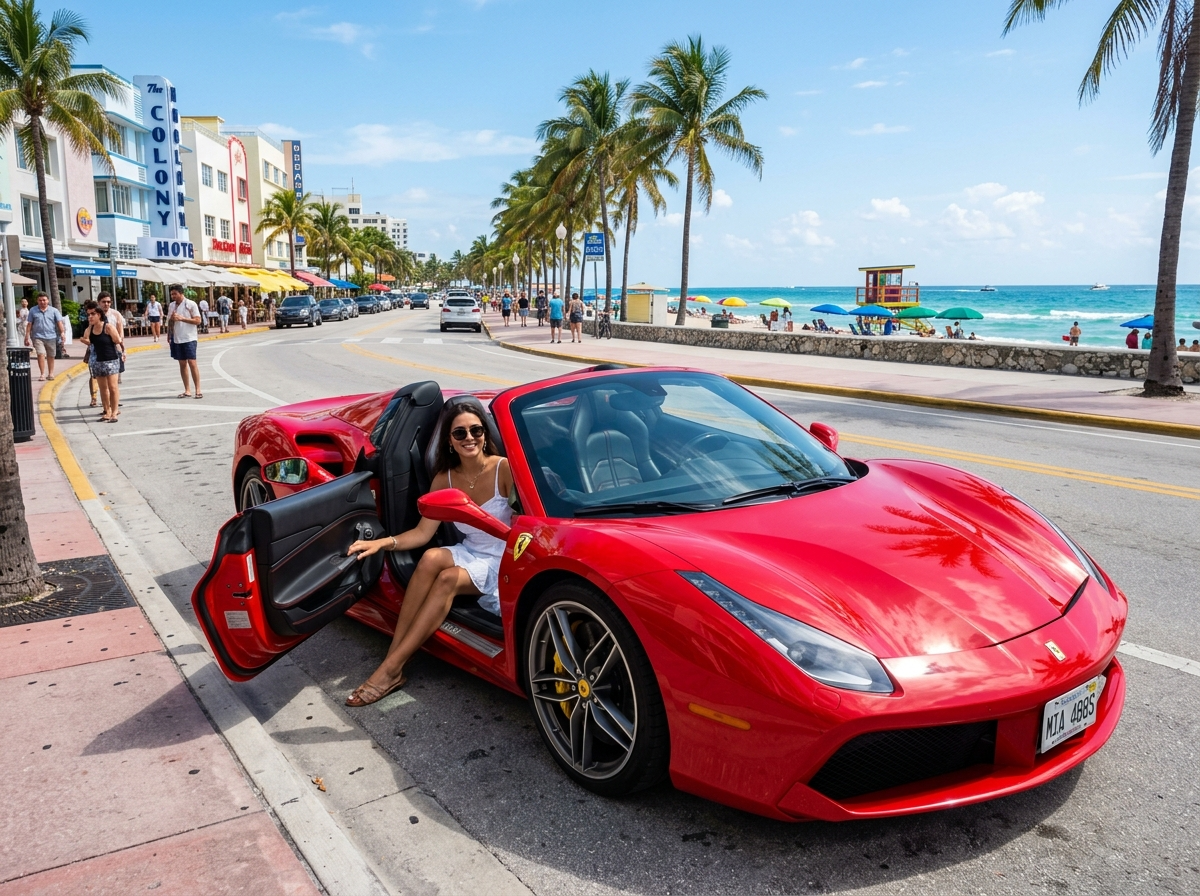 2020 Ferrari 488 Spider red convertible exotic rental Miami Beach ocean