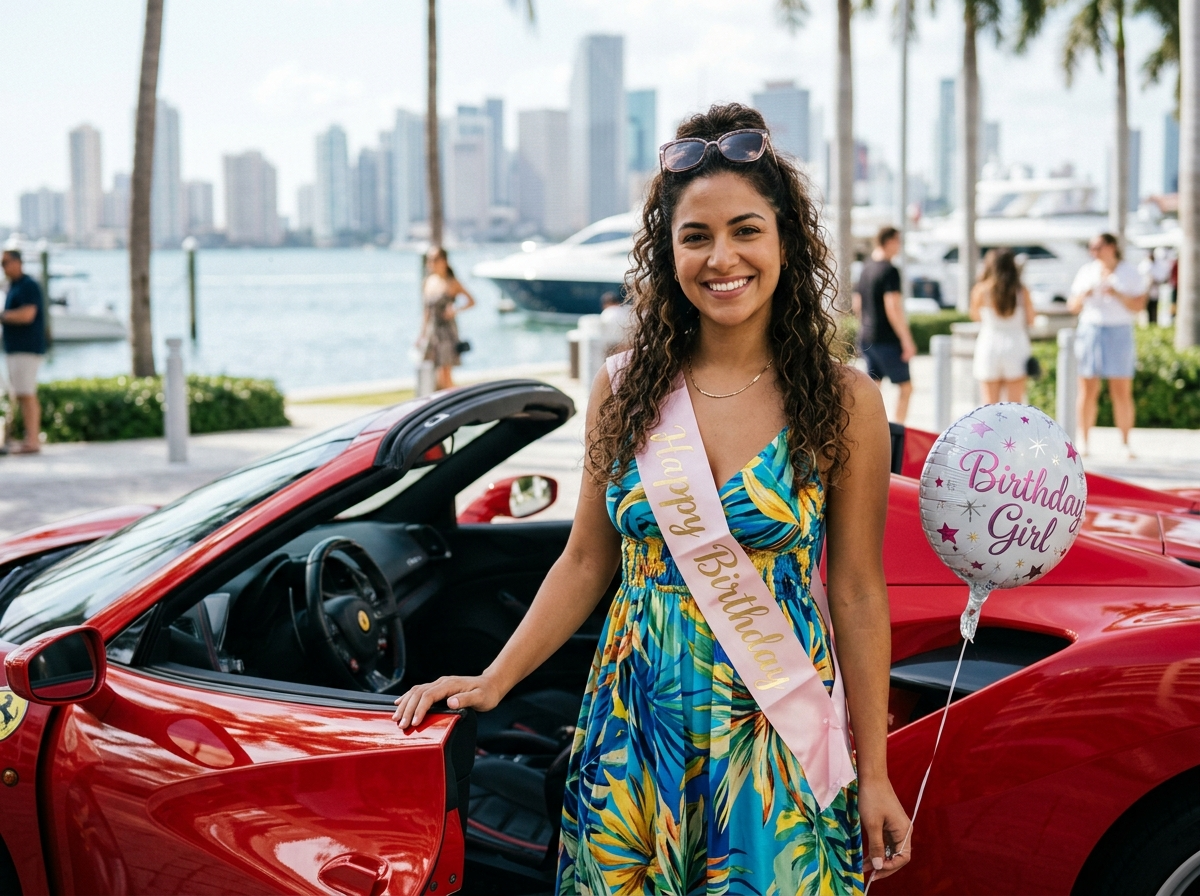 Sofia R. client portrait smiling woman Miami birthday Ferrari renter